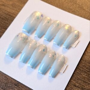 *handmade* blue iridescent white ombre french tip press on nails coffin mermaid